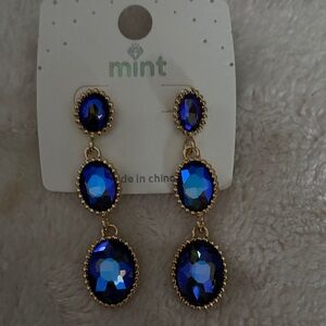 Mint Blue Faceted Triple Drop Earrings - Gold Tone